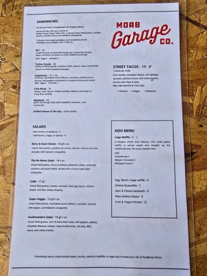 Menu 2/2 vo = vegan at Moab Garage Co. in Moab