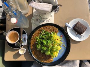 Vegan lentils and rice, vegan brownie, lemonade, coffee with soy milk  at LeichtSinn Vitalbistro in Salzburg