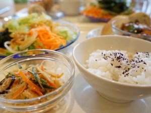 Buffet lunch with rice and vegetables.  at Greens Vegetarian Dishes in Osaka