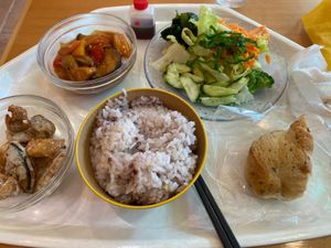 Sorry for the quality of the photo, didn’t intend to post it anywhere! Salad, bread, mixed rice, tempura veg, sweet and sour veg with tofu.  at Greens Vegetarian Dishes in Osaka