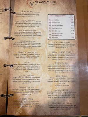 The vegan menu  at El Sarape in Olympia