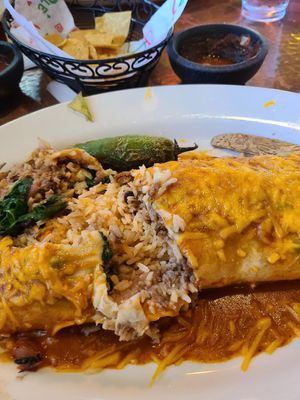 Vegan chorizo grande burrito. Excellent Pinto and blk beans. Corn. Vegan cheese and spinach. Excellent. at El Sarape in Olympia
