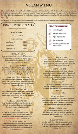 Vegan menu at El Sarape in Olympia