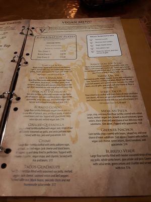 Vegan menu at El Sarape in Olympia