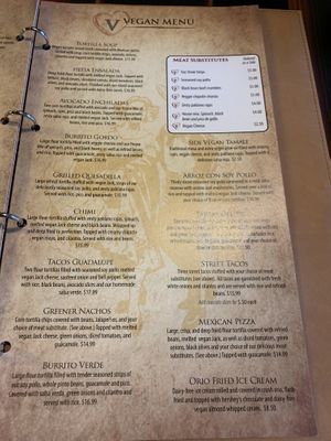 A complete vegan menu, inside the regular menu binder! at El Sarape in Olympia
