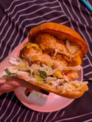 Spicy chicken burgers (home cooked) at Vincent's Marketplace in Fitzroy