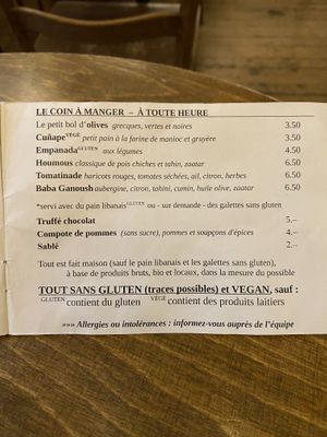 The menu. Staff can explain, but here one dish has dairy   at Le Phare Cafe in Geneva