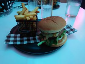 Vegan burger 🍔 with beer 🍻 battered fries 🍟. at Fonzie's Diner  in Kilsyth