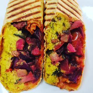 Woods own hummus and warm roasted vegertables in a wrap at Woods in Totnes