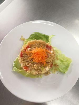 Quinoa salad with avocado, green peber, tomato, sweet onion, carrot and lemon juice.  at Divi in Mallorca