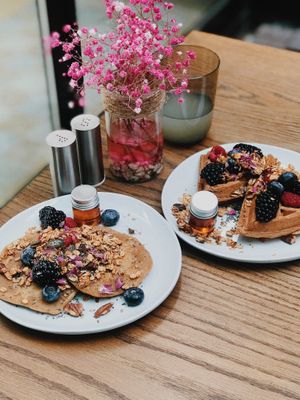 vegan pancakes and waffles with berries  at The Local Beet in Abu Fatira