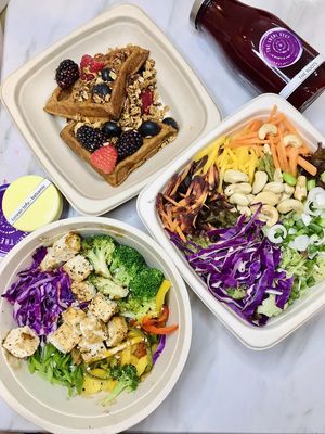 Vegan waffles, Edamame salad, Vegan Korean tofu bowl💚💚  at The Local Beet in Abu Fatira