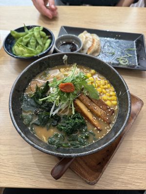 Vegan gyozas and vegan shoyu   at Miska Ramen Bar in Prague