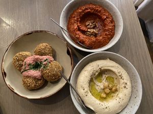 Hummus, falafel and aubergine dip vegan  at Underbar in Visby