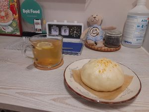 Desert - a bun with vegetables and mushrooms, very sift dough. However, as for the drink here - salted lemonade - I would strongly discourage anyone from repeating my mistake. at Saigon Kava in Siauliai