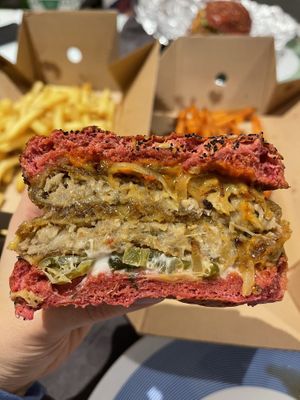 Lightning Jack burger with Biff's fries jackfruit  at BrewDog in West London