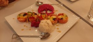 Sushi fruit dessert with cashew ice cream and maple syrup!! at Ohana Sushi Vegan in Montreal