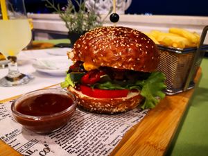 Vegan burger with french frites at Oliva in Makarska