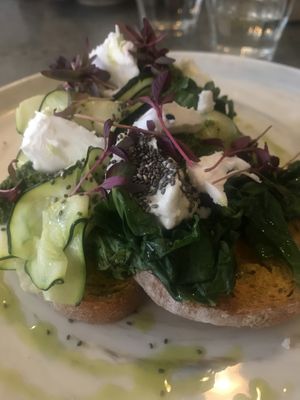Open sandwich with courgette, home-made pesto and vegan goat cheese at The Farmer's Mistress in South West London