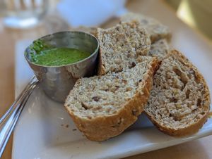 Complimentary bread and pesto at Pyramid Bistro in Aspen