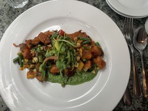 Sweet Potato Gnocchi (no cheese): Absolutely love. The green pesto sauce is delicious. Would highly recommend   at Pyramid Bistro in Aspen