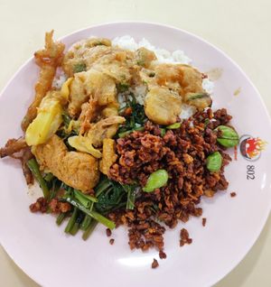 Rice with kangkong, vege fritters and fried petai minced soya at Kang Su Vegetarian 康素 - French Rd in Central Singapore