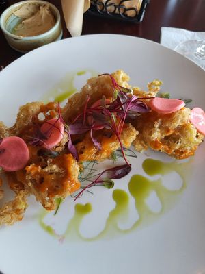 Tempura Mushrooms $15
Battered and fried enoki mushrooms, gochujang sweet and sour, pickled radish at Mews in Provincetown