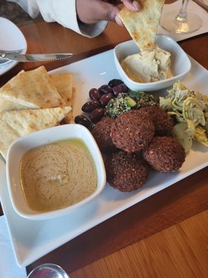 Vegan mezze plate with the best falafel and tahini ever at Mews in Provincetown