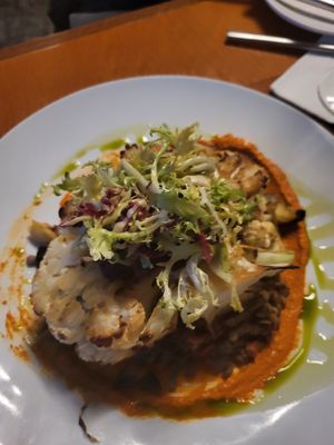 Cauliflower steak with romesco and lentils  at Mews in Provincetown