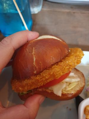 close up of the chicken burger- really crispy, nice bun but needed mayo! at 1703 Dunfermline in Dunfermline