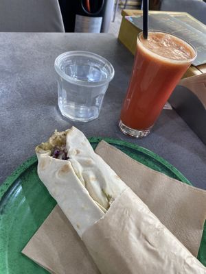 Mexican falafel with tahini and a detox juice with turmeric.  at Falavela in Crete