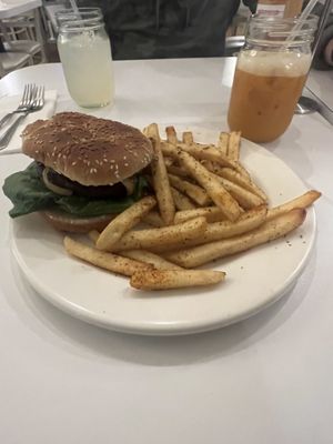 Hawaiian burger and Thai tea   at Loving Hut - Glendale in Glendale