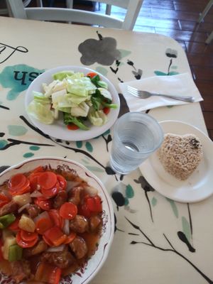 Sweet and sour delight, brown rice and steamed veggies at Loving Hut - Glendale in Glendale