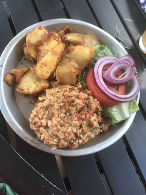 White bean burger and side of potatoes  at Brier Creek Beer Garden in Raleigh