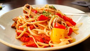 Linguini pasta with garlic, chili, olive oil, herbs and roasted vegetables at Seehaus in Langenfeld