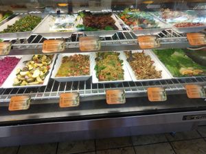 Vegan items are clearly marked on the signs. at Ali Baba Deli in Charleston