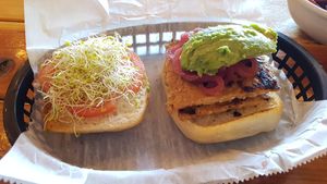 Vegan burger with tempeh and avocado at Mountain Rambler Brewery in Bishop