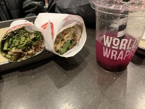 Island Teriyaki tofu wrapp, Chimichurri beyond meat wrappe, dragon fruit tapioca drink at World Wrapps in Corte Madera