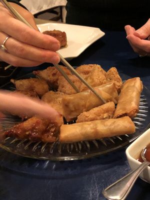Springs rolls, tempura veggies, chicken drumsticks at 3G Vegetarian Restaurant in Vancouver