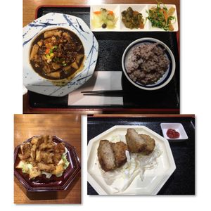 Mapo Tofu set, “friend chicken” and a croquette  at Muku Taiwanese Vegetarian Food in Kyoto