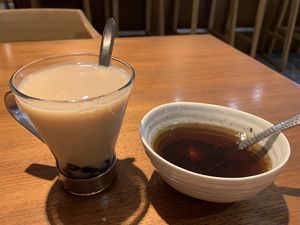 Soy Bobia tea and veggie broth at Muku Taiwanese Vegetarian Food in Kyoto