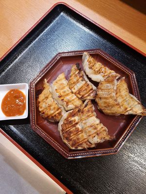 Vegetarian gyoza with spicy sauce at Muku Taiwanese Vegetarian Food in Kyoto