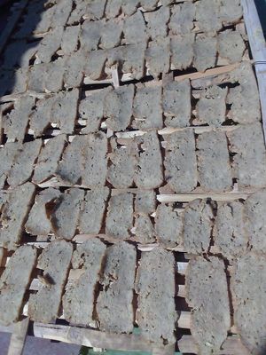 Sliced strips of a mystery cake that they make themselves into a spicy cracker after drying like this at Maesai Health in Mae Sai