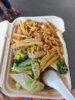 Spicy bamboo and mixed veg over rice at Vegetarian in Rayong