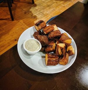 Fried Soft Pretzel Bites with Vegan Ranch at Decades in Lancaster