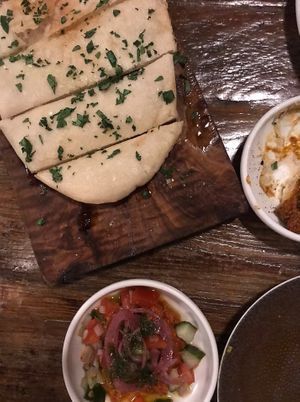 Flatbread with a hummus and a tomato/veg dip  at Engine in Sowerby Bridge