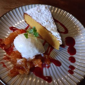 Polenta cake with sticky apricots and vanilla ice cream at Engine in Sowerby Bridge