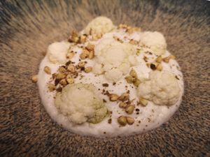 Raw soup with Cauliflowers and germinated buckweath at Marco Vitale Chef in Florence