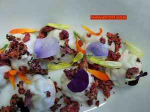 Cream of coconut with Pitaya and edible flowers at Marco Vitale Chef in Florence