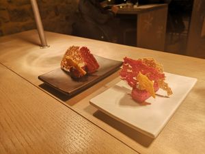 Amouse-Bouche with bread and amaranth at Marco Vitale Chef in Florence
